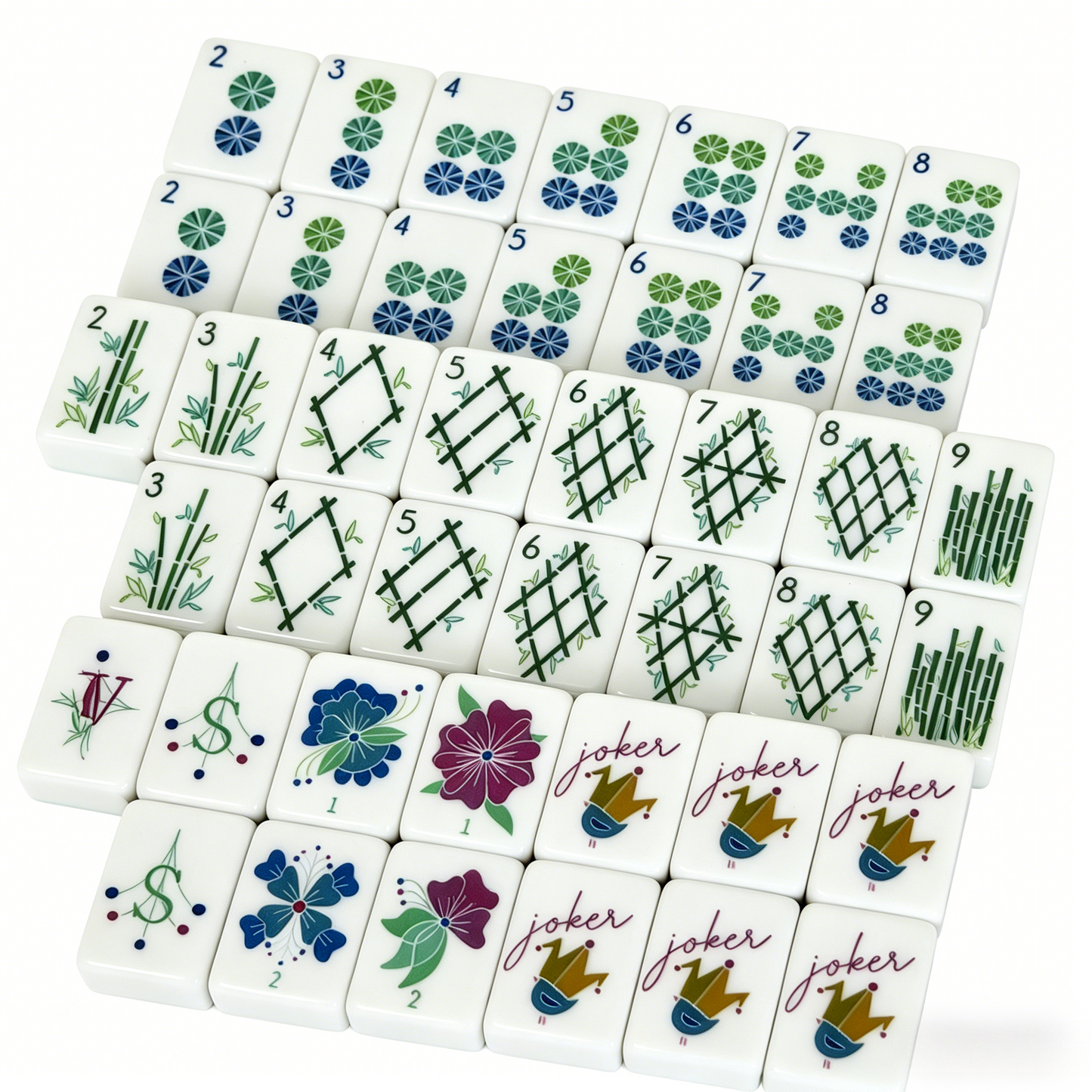 Close-up of Midnight Teal American Mahjong Set by USA Mahjong Co. showing floral muse engravings and premium acrylic tiles.