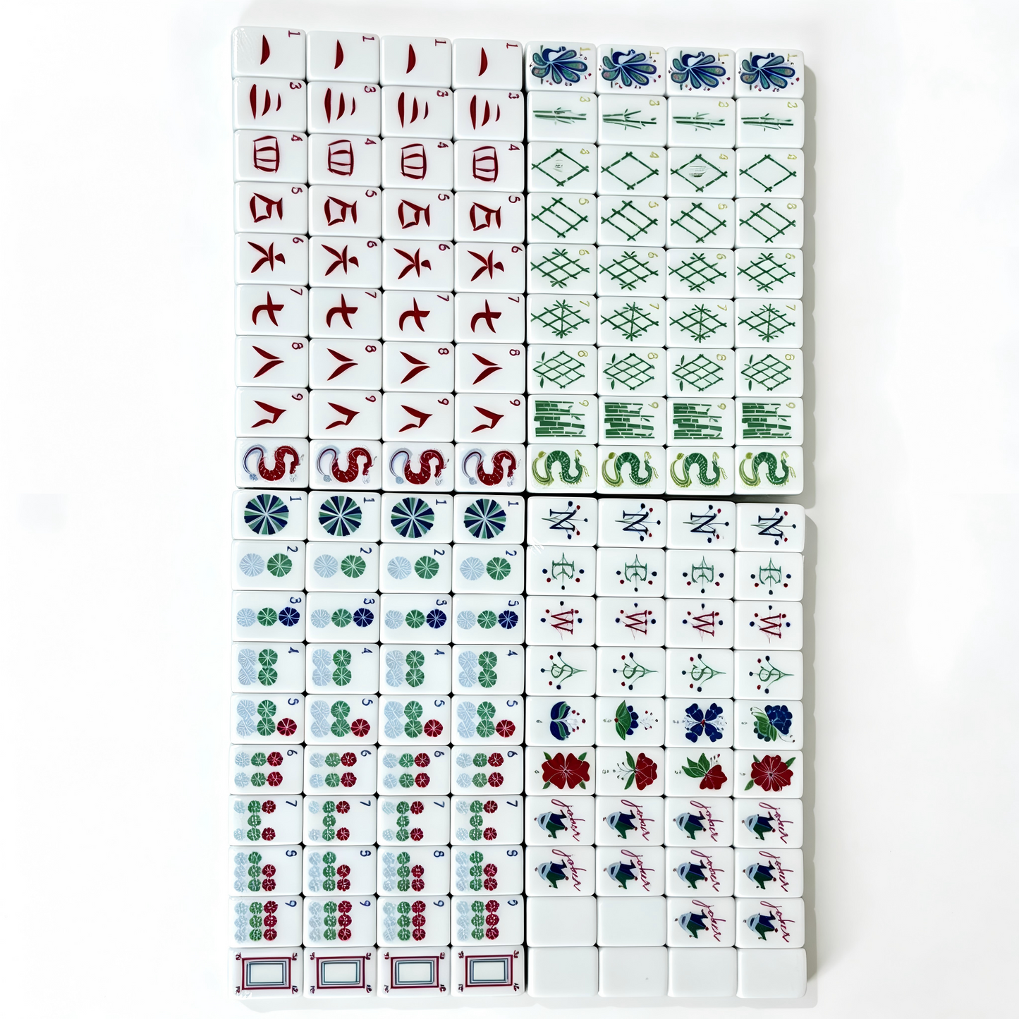 Coastal Teal American Mahjong Set by USA Mahjong Co. features 166 colorful tiles, whimsical monkey jokers, and lilac purple backs.