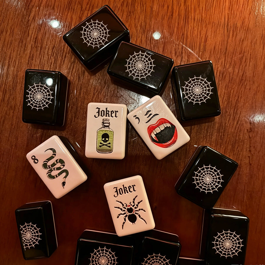 Halloween Gothic Mahjong Tiles - Black Spider Web Backs with Poison Joker Vampire Crak and Snake Bam Close-up