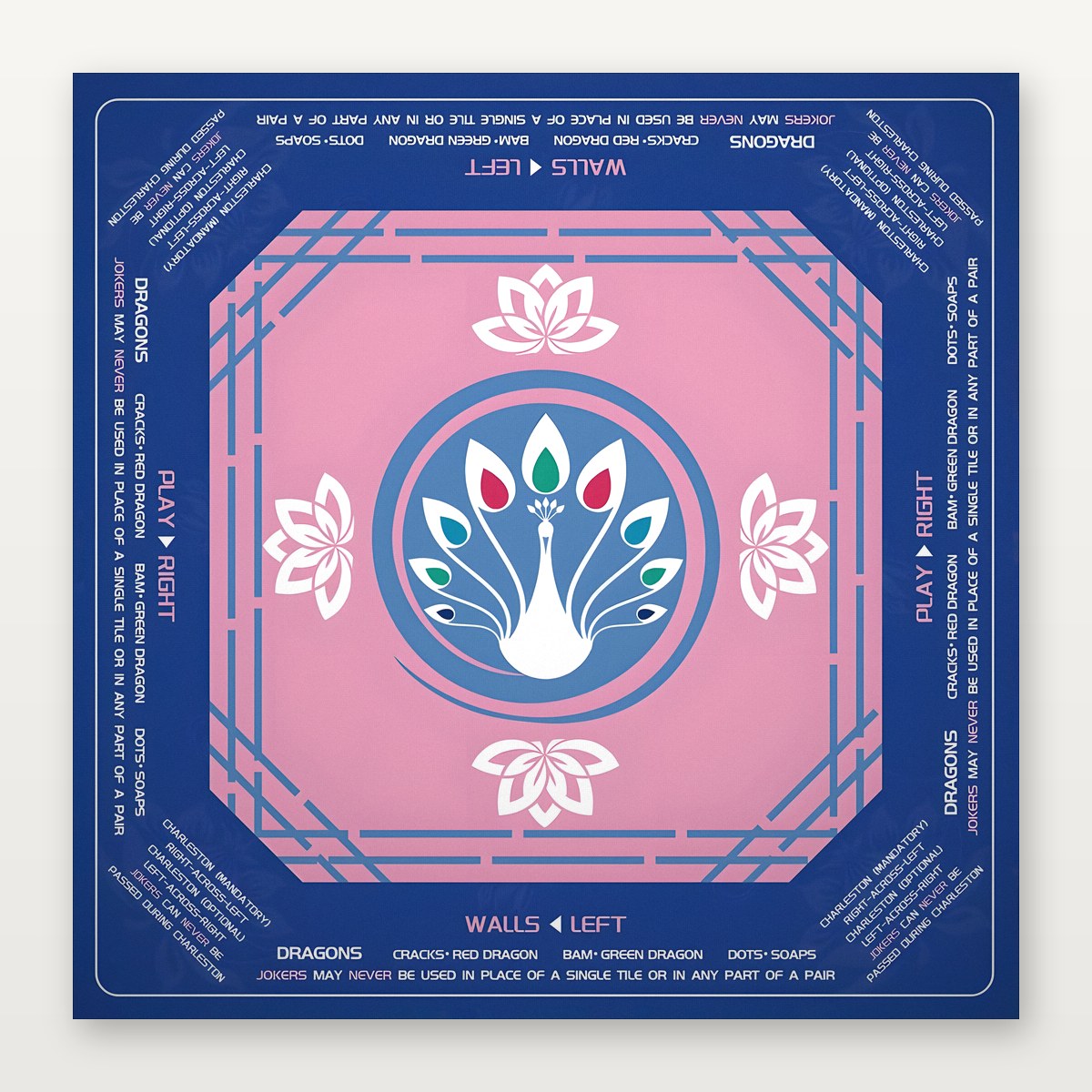 Royal sapphire blue Mahjong mat by USA Mahjong Co. featuring peacock design, 3mm thick non-slip rubber for professional American Mahjong.