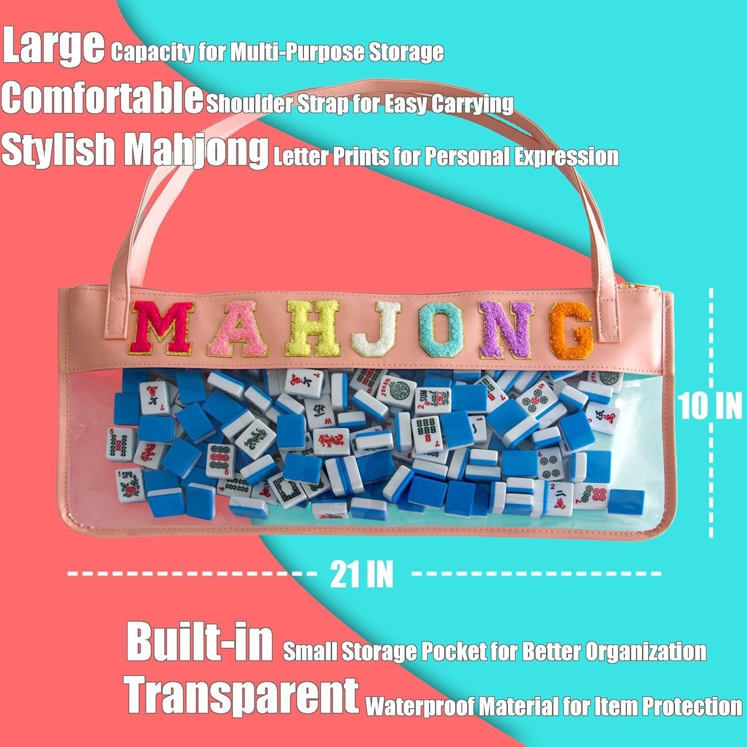 American Mahjong Co. Clear Shore Tote bag featuring PVC material, shoulder strap, and chenille letter detailing for Mahjong players.