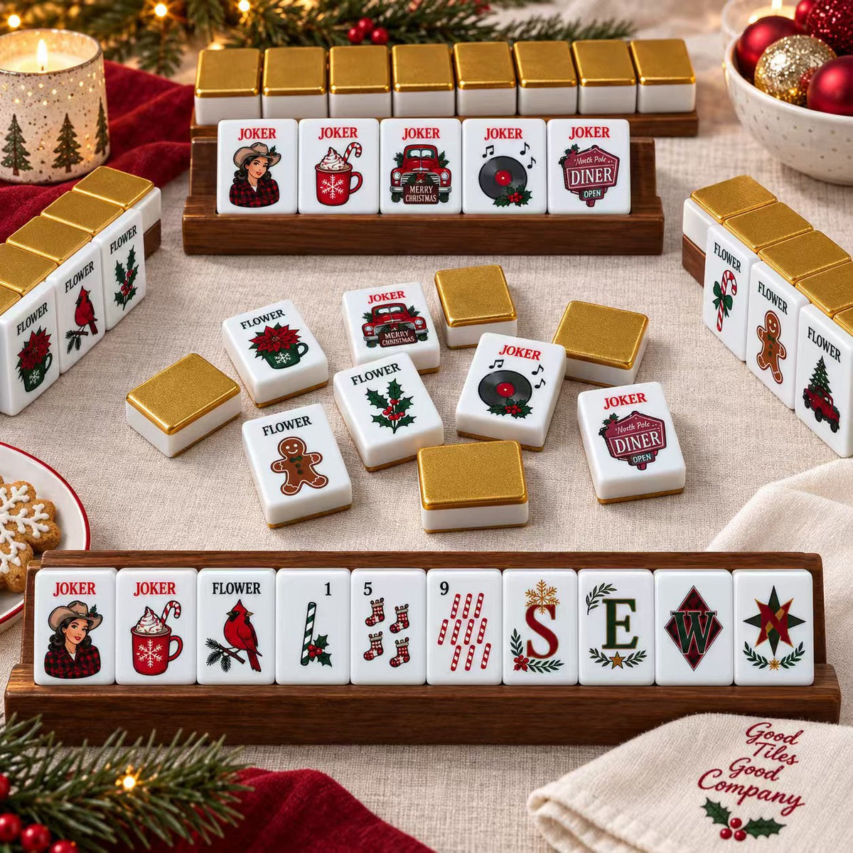 Christmas lifestyle photo of Retro Christmas American mahjong tiles, holiday decor background with pine sprigs, baubles and red plaid cloth, gold back mahjong tiles