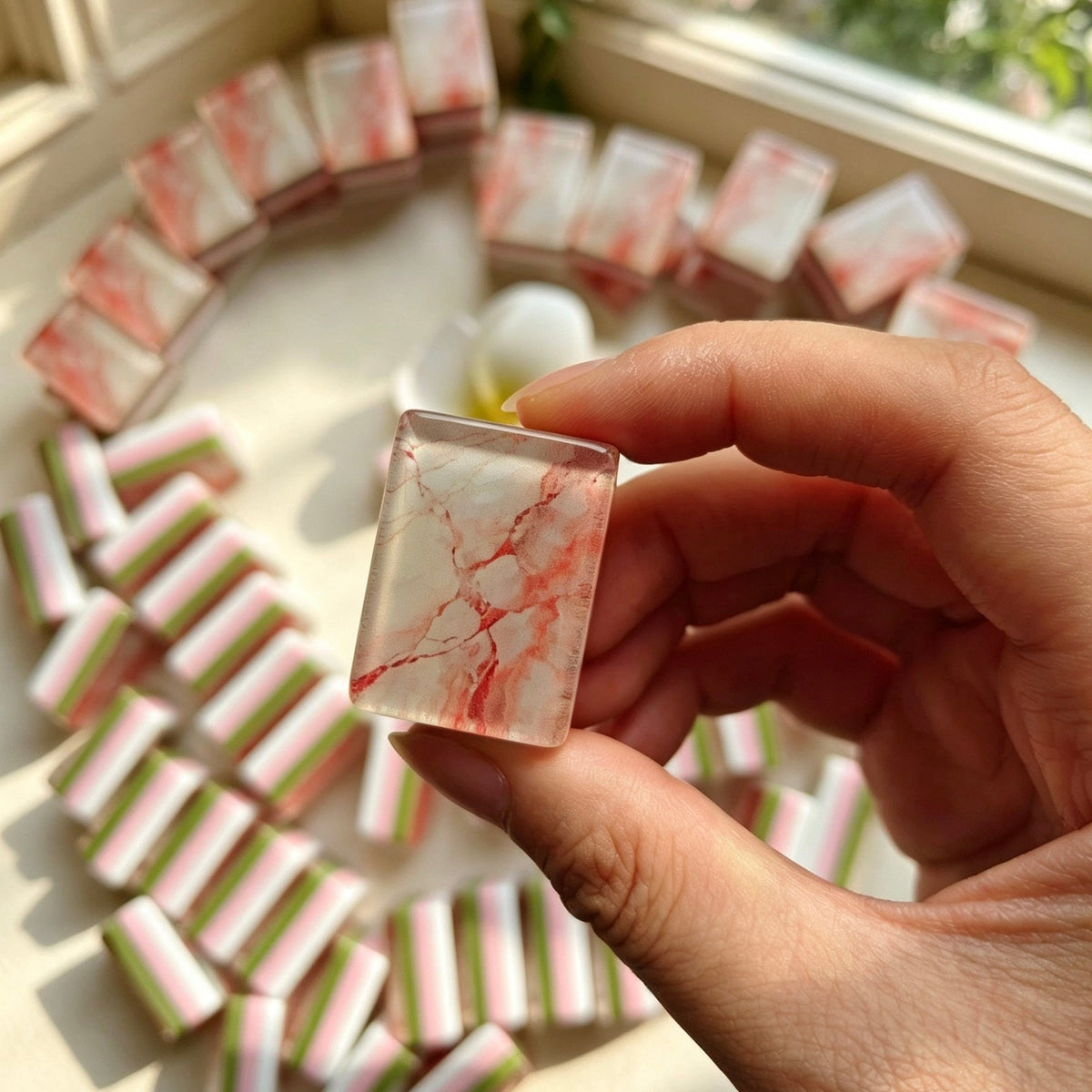 Flat lay of Pink Marble Floral American mahjong tiles arranged neatly on clean white background, white tile fronts with green floral dot patterns, classic bamboo, red dragons, multi-color flower tiles and crown jokers