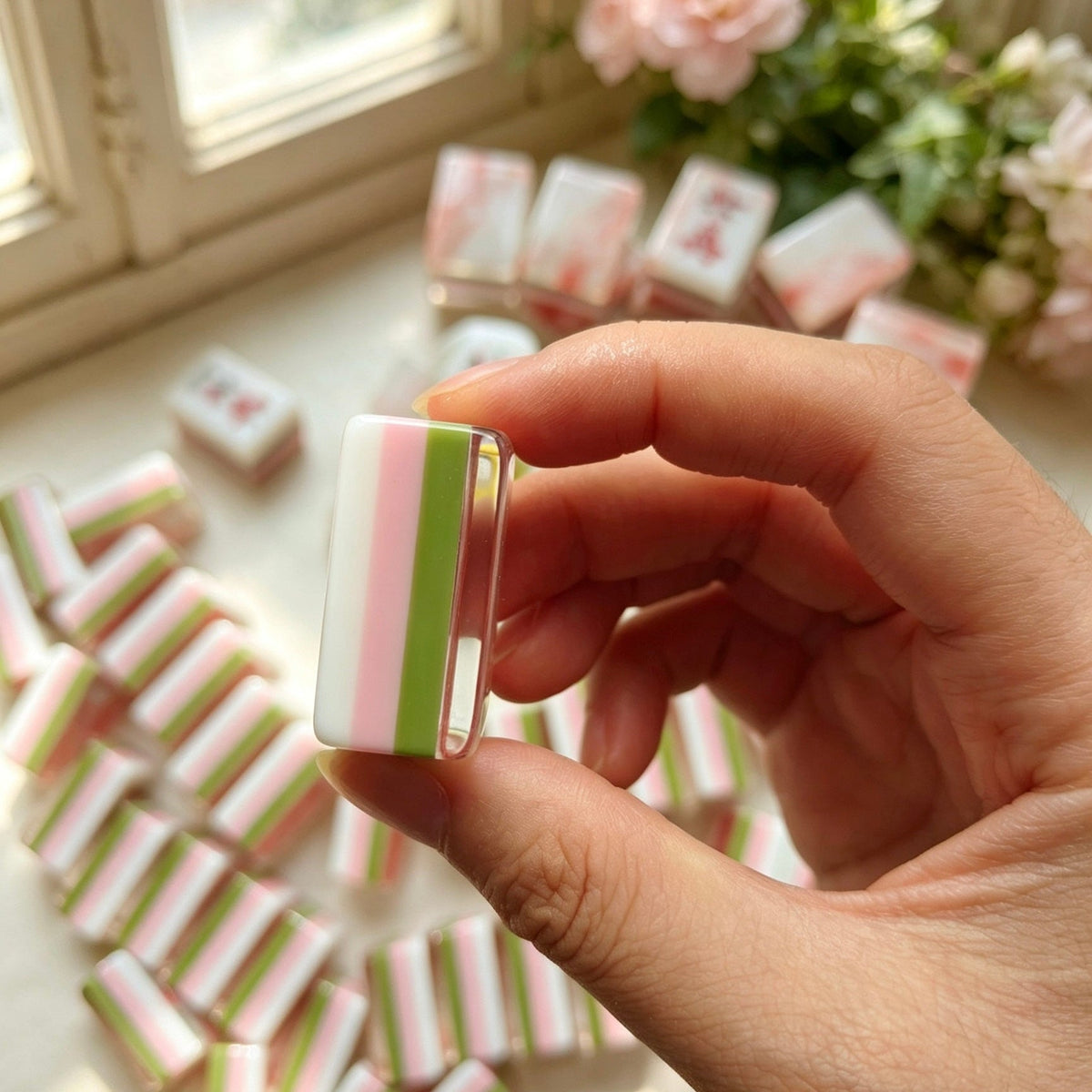 Flat lay of Pink Marble Floral American mahjong tiles arranged neatly on clean white background, white tile fronts with green floral dot patterns, classic bamboo, red dragons, multi-color flower tiles and crown jokers