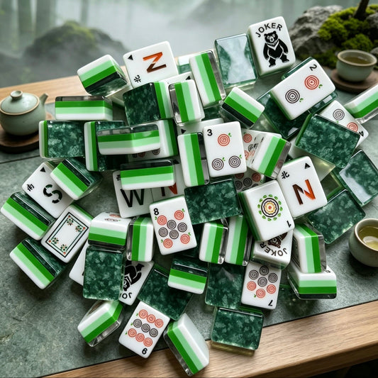 Scattered pile of Forest Fern American mahjong tiles on mossy log, translucent green fern backs, bear joker tiles, peacock bamboo and colorful floral illustrations, misty forest