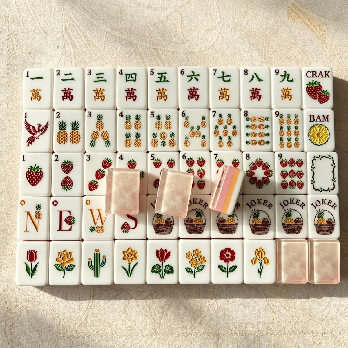Flat lay view of neatly arranged Fruit Garden American mahjong tiles, custom fruit artwork: strawberry crak, pineapple bam, fruit basket jokers and botanical flower illustrations on vintage paper background