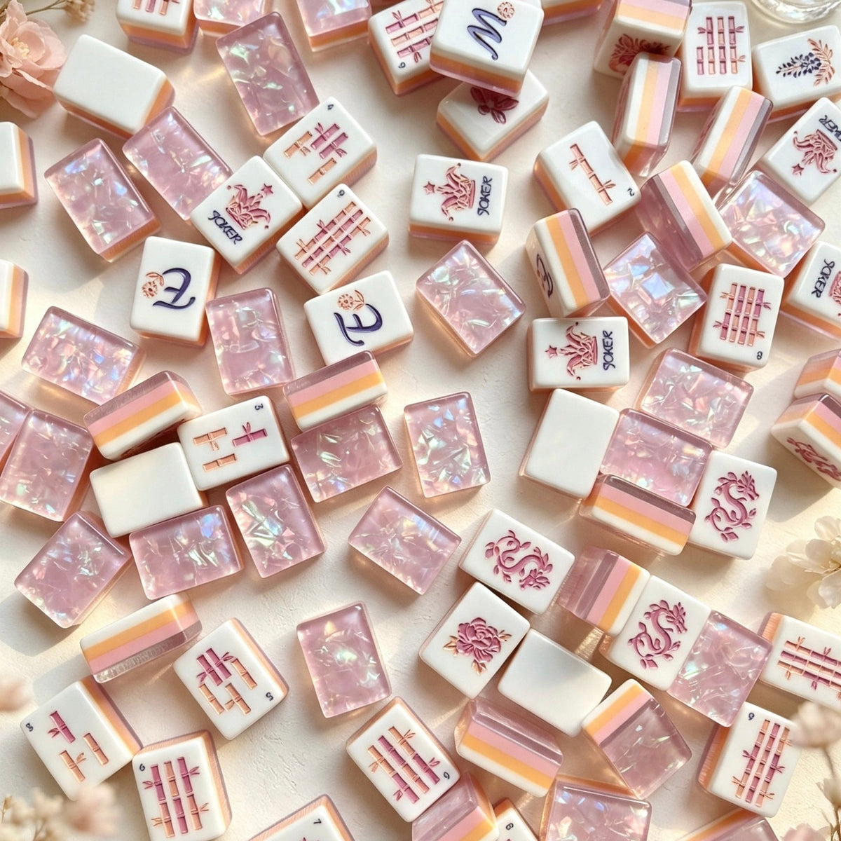 Blush Crown Floral American mahjong tiles neatly arranged grid layout, white tiles with rose gold daisy, phoenix, dragon and floral art, crown jokers, blush pearlescent marbled tile backs, dried floral background