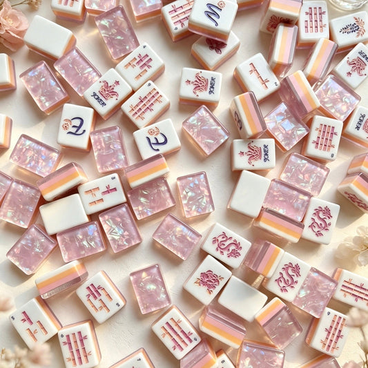 Blush Crown Floral American mahjong tiles neatly arranged grid layout, white tiles with rose gold daisy, phoenix, dragon and floral art, crown jokers, blush pearlescent marbled tile backs, dried floral background