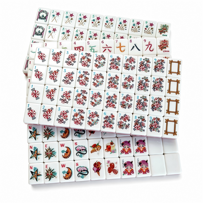 Berry Sorbet American Mahjong set by USA Mahjong Co. features 166 weighted tiles with magenta backs and playful candy designs.