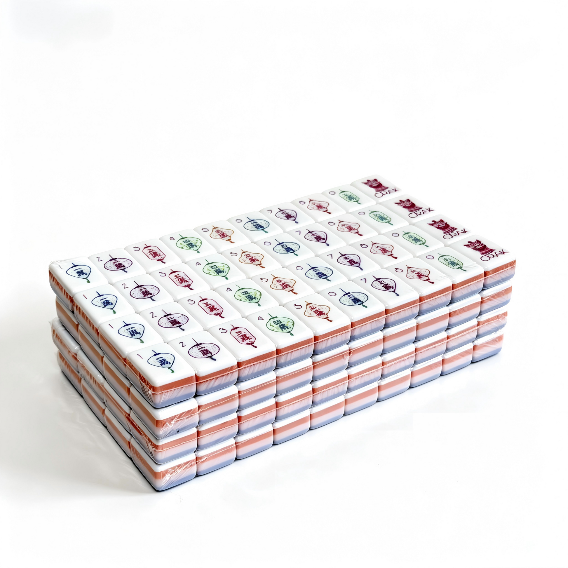 Close-up of Lavender Dream American Mahjong Set by USA Mahjong Co. with detailed engravings and purple backs on heavyweight tiles.