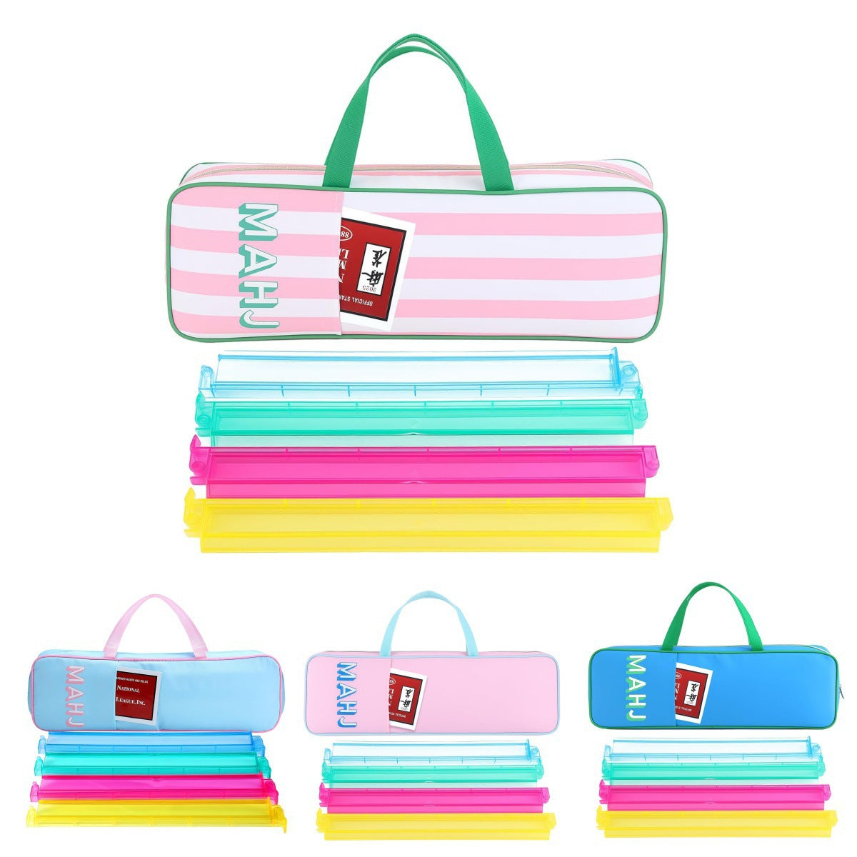 Multiple Socialite Travel Mahjong Kits with acrylic racks, colorful bags, and luxury carrying cases by USA Mahjong Co.
