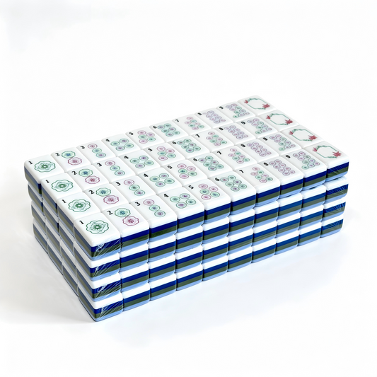 Side view of luxury American Mahjong set by USA Mahjong Co. with teal and clear acrylic quad-layer tiles and Chinoiserie lanterns.