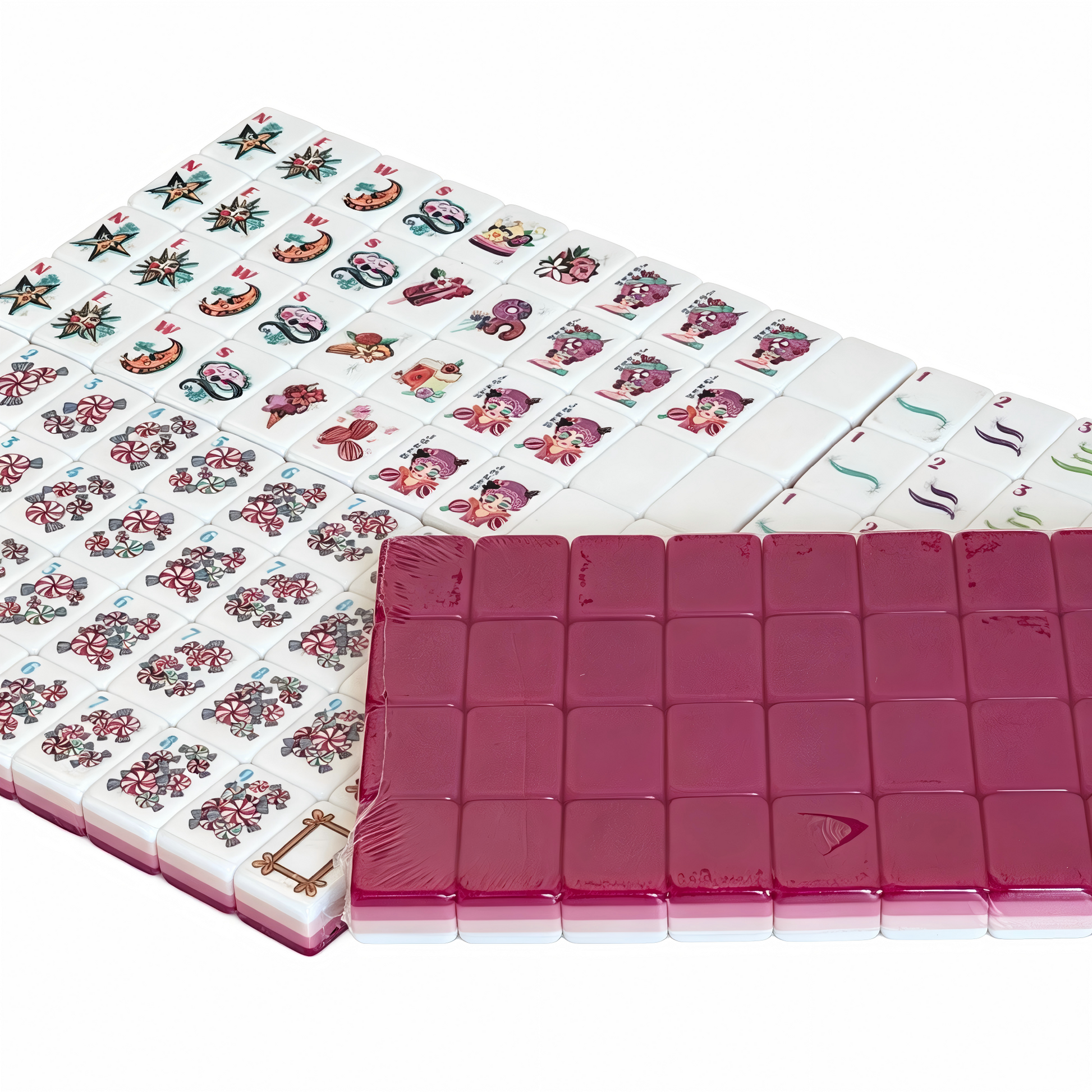 Detailed view of The Berry Sorbet American Mahjong Set by USA Mahjong Co., featuring vibrant pink-red tiles with gold inlays.