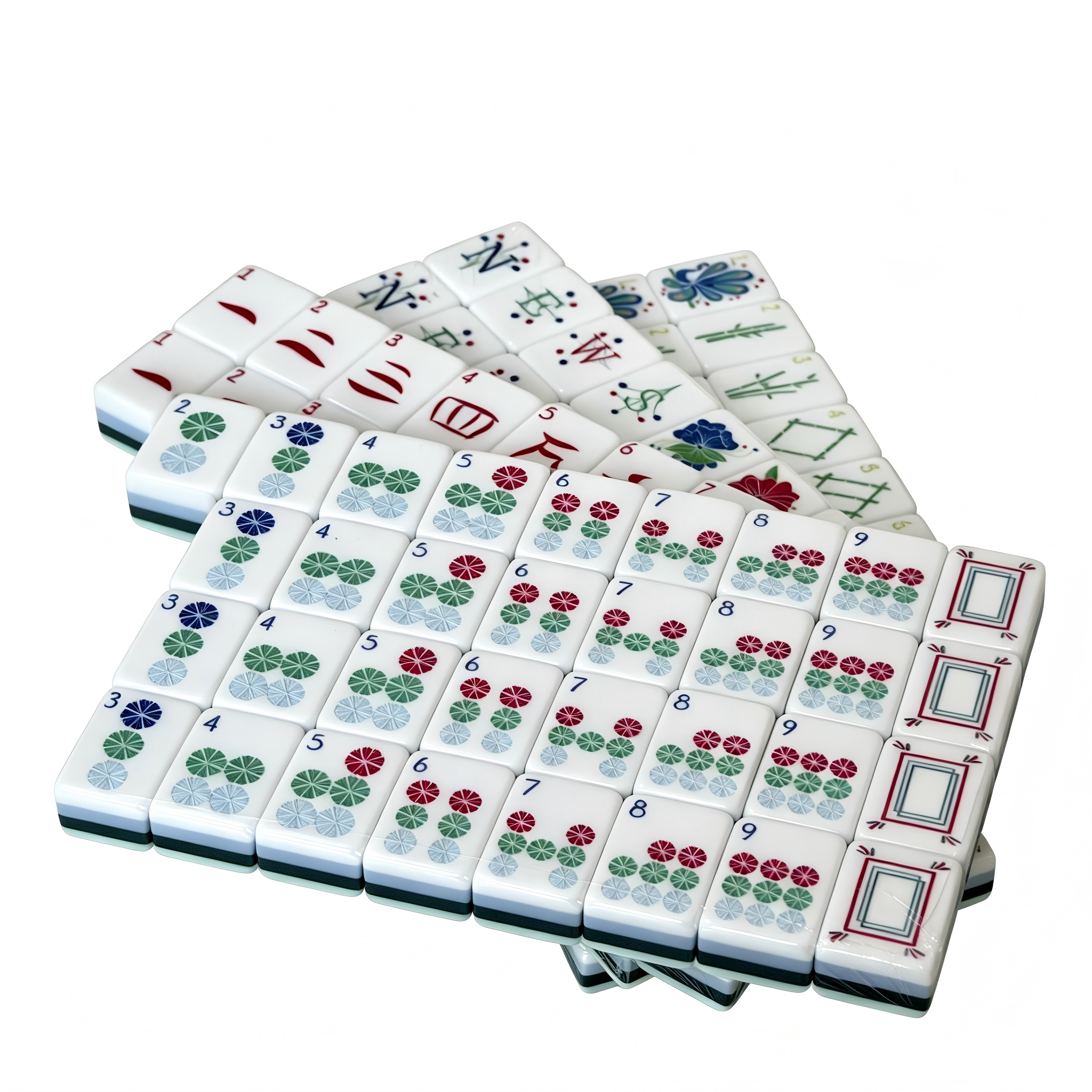 Close-up of Coastal Teal American Mahjong Set tiles by USA Mahjong Co., featuring mint, azure, whimsical monkey jokers, and lilac purple backs.