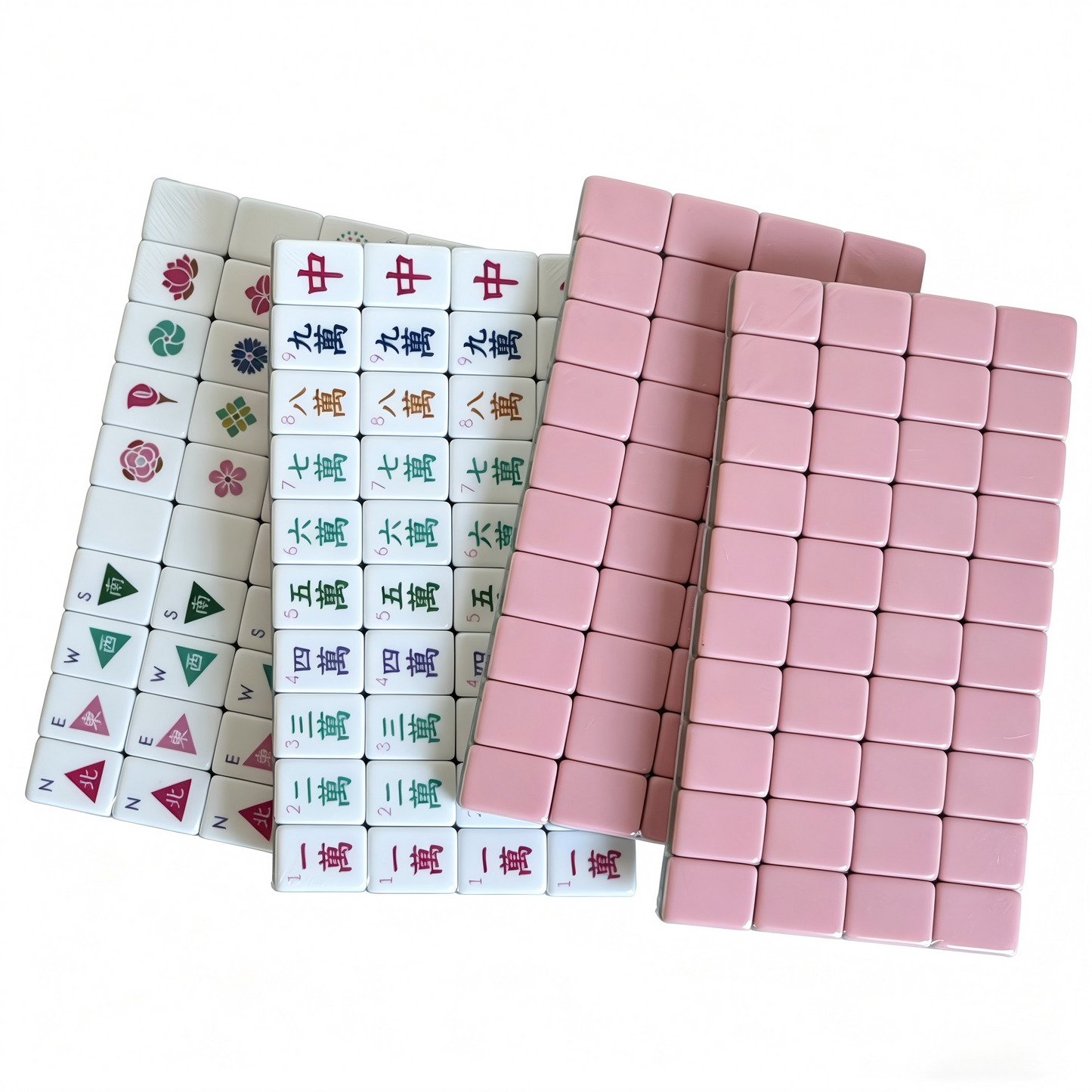 Close-up of Dusty Rose American Mahjong Set tiles with muted blush acrylic, elegant gold and white inlays, and compass wind design.