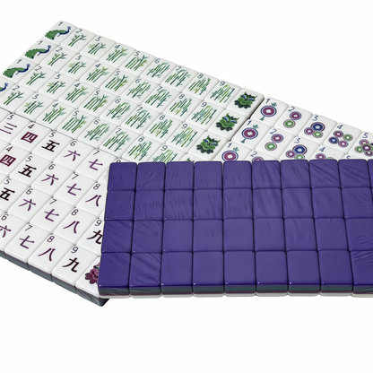 Close-up of Galaxy Sparkle American Mahjong Set tiles with shimmering purple glitter backs and elegant gold inlays, by USA Mahjong Co.