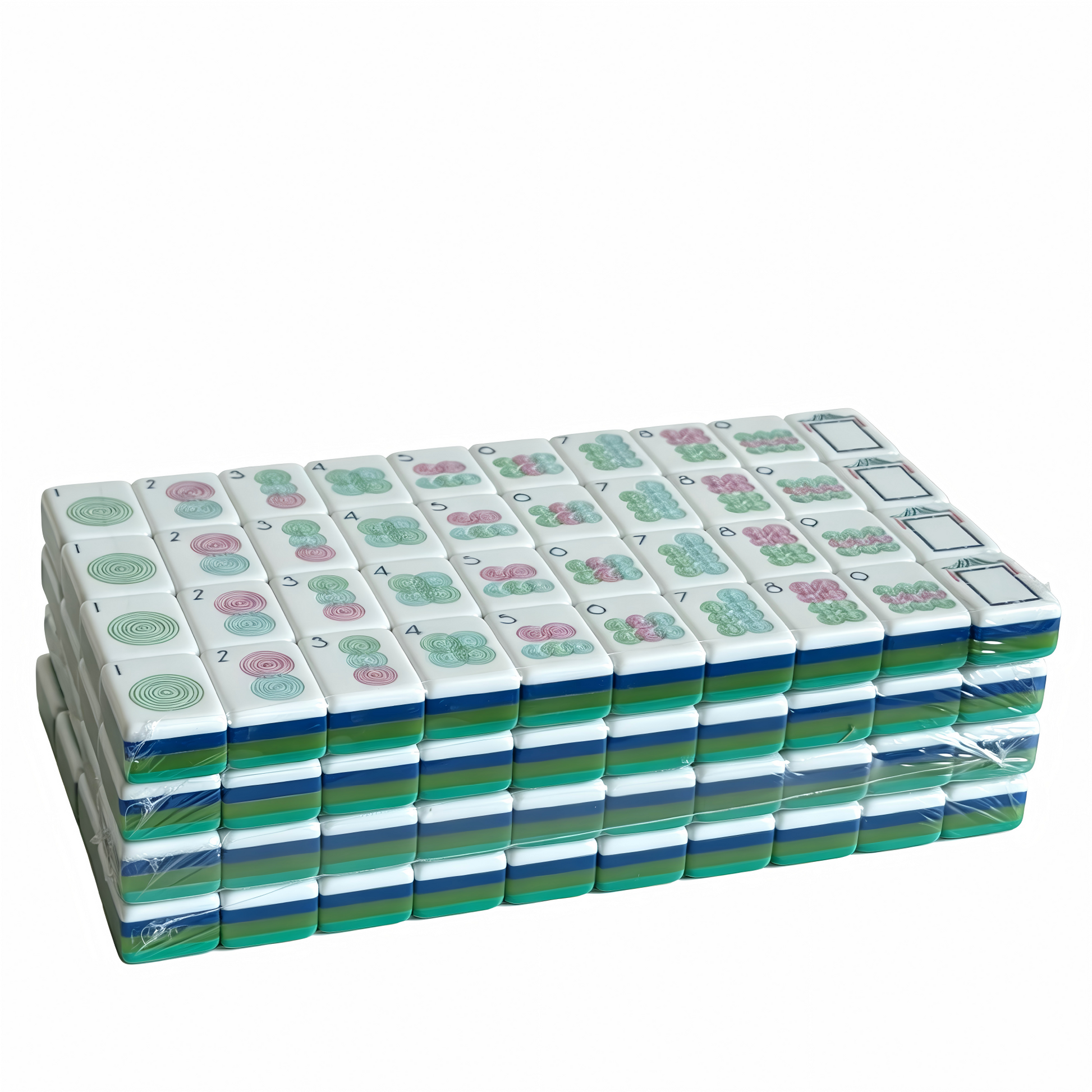 Detailed view of The Teal Lagoon Heritage American Mahjong Set by USA Mahjong Co., featuring deep blue-green acrylic tiles with gold inlays.