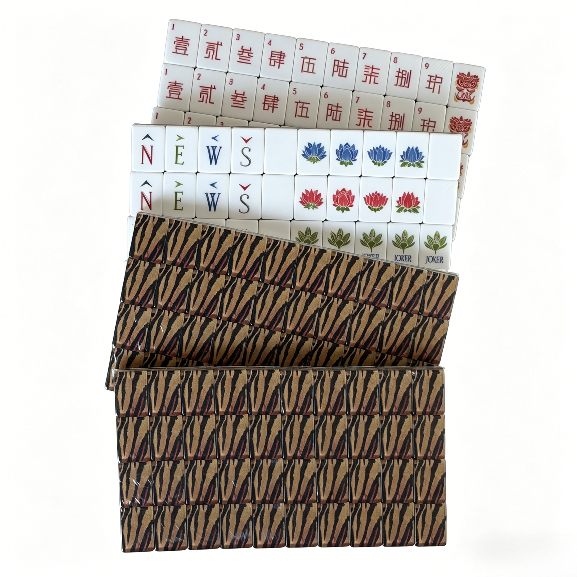 Detailed view of Tiger Strike Heritage American Mahjong Set by USA Mahjong Co. with 166 weighted tiles featuring bold tiger print backs.