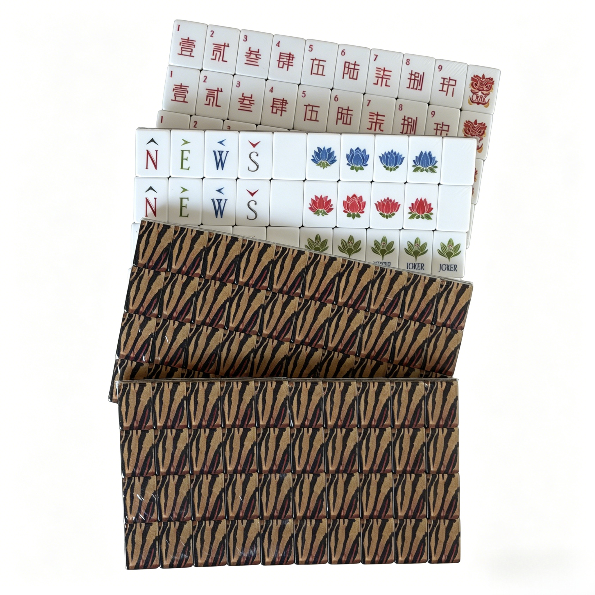 Detailed view of Tiger Strike Heritage American Mahjong Set by USA Mahjong Co. with 166 weighted tiles featuring bold tiger print backs.