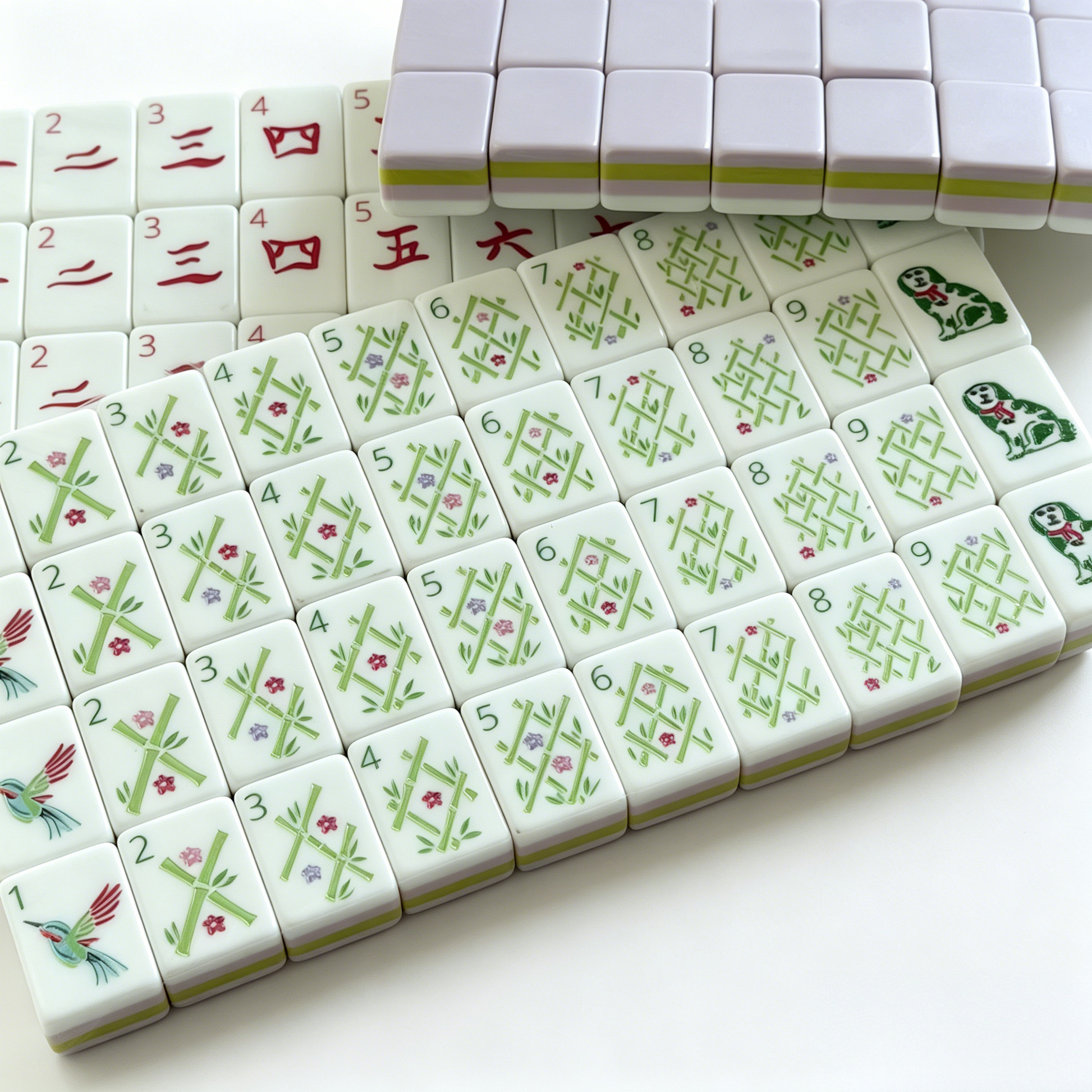 Detailed view of The Wisteria Bloom American Mahjong Set by USA Mahjong Co. with 166 soft purple tiles featuring gold and white inlays