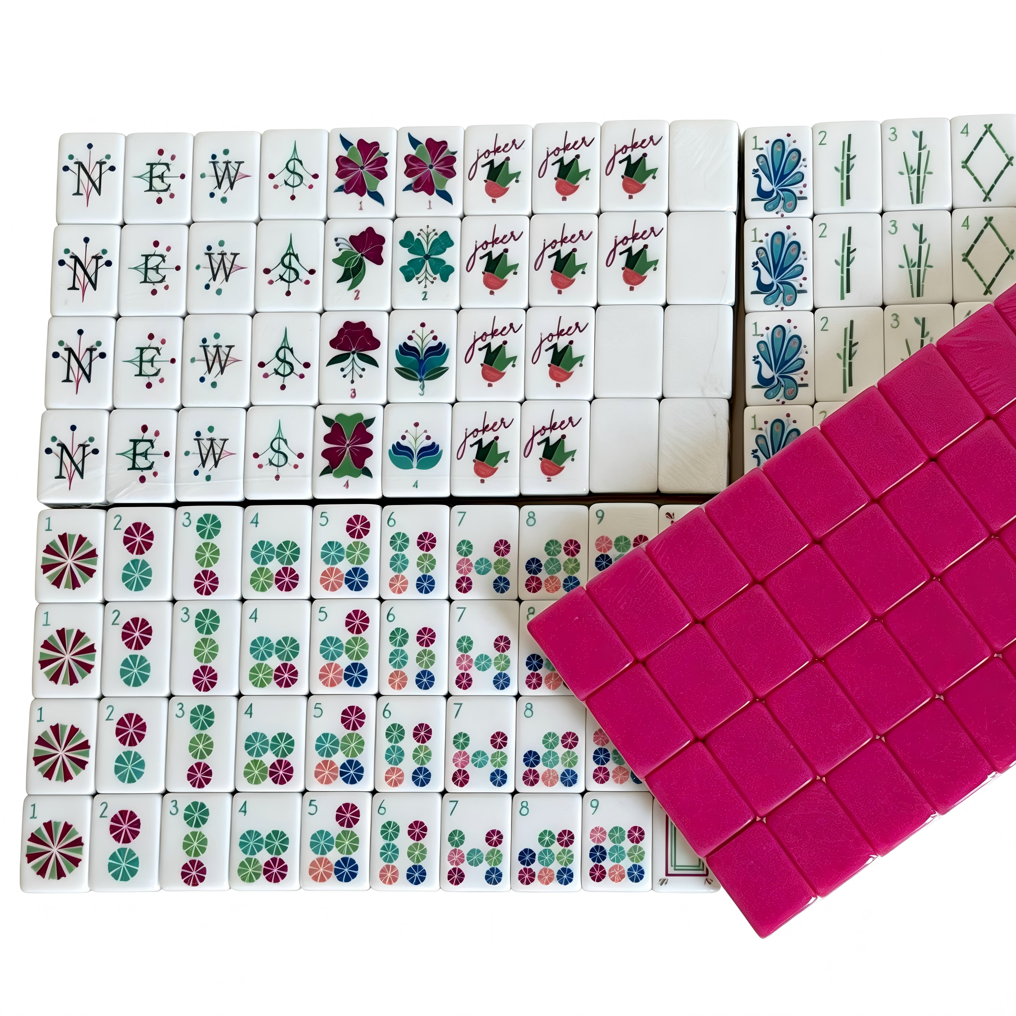 Electric Rose American Mahjong Set by USA Mahjong Co. with 166 weighted tiles featuring vibrant fuchsia backs and joker tiles