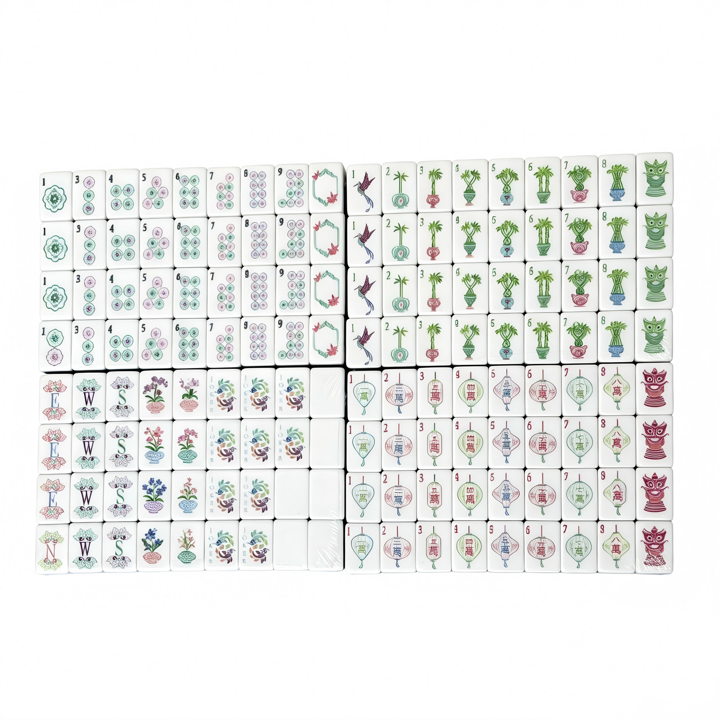 American Mahjong Set by USA Mahjong Co. featuring 166 designer tiles, Chinoiserie lanterns, Jokers, and quad-layer backs.