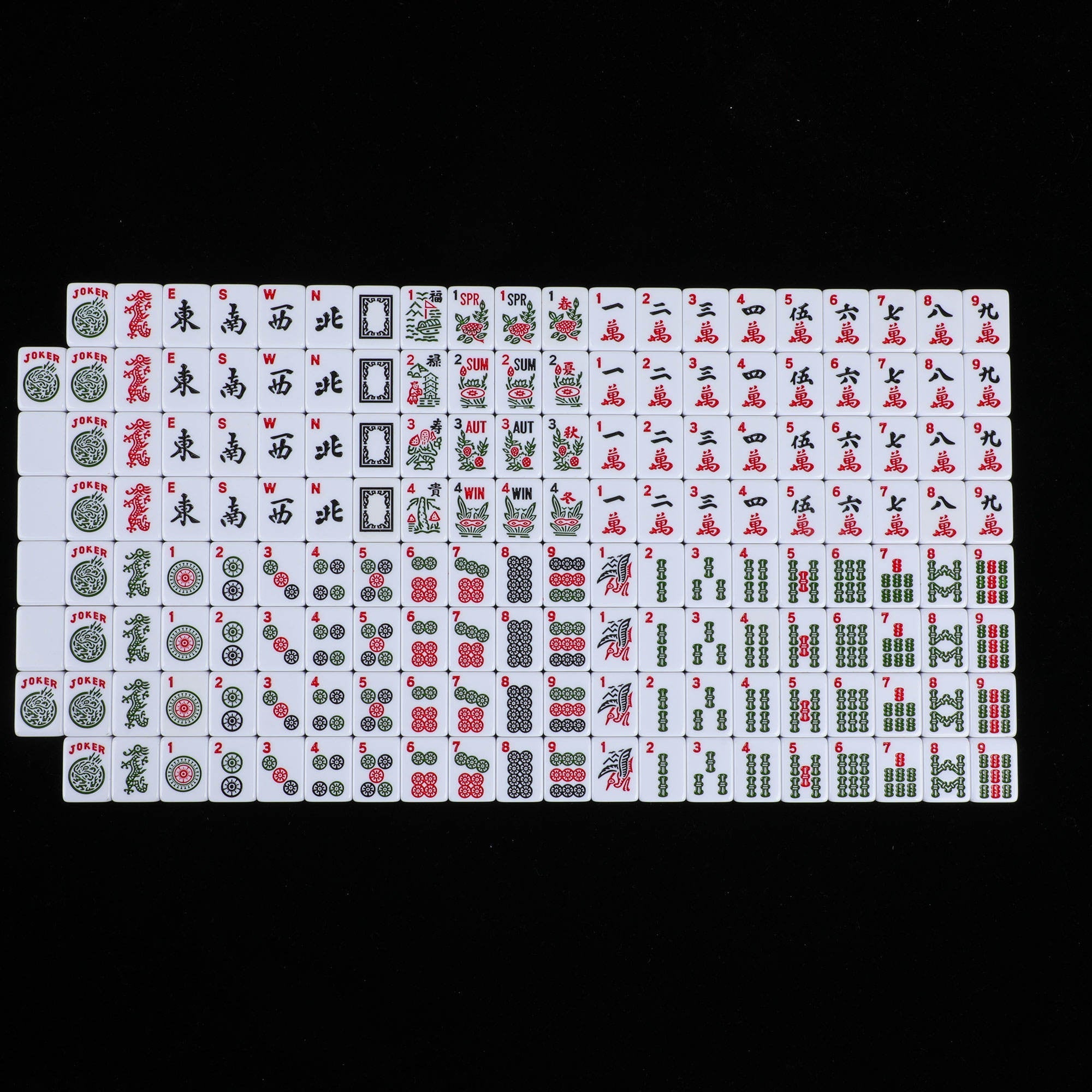 Standard American Mahjong Set with 166 white melamine tiles, featuring traditional designs, by USA Mahjong Co.
