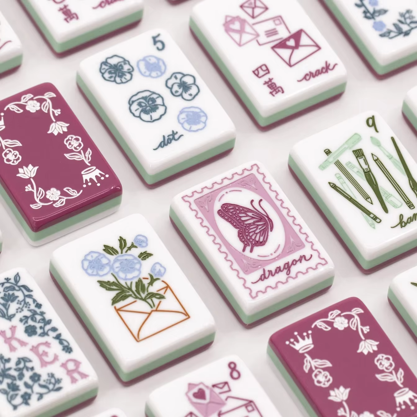 Postscript Florals NMJL American Mahjong Set - Burgundy Floral Crown Layered Acrylic with Butterfly Stamp Dragon, Pansy Dots & Vintage Mail Art