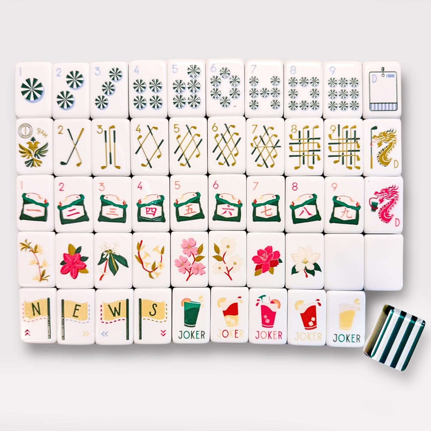 Fairways & Flowers | American Mahjong Set - 166 Tiles with Green Striped Backs