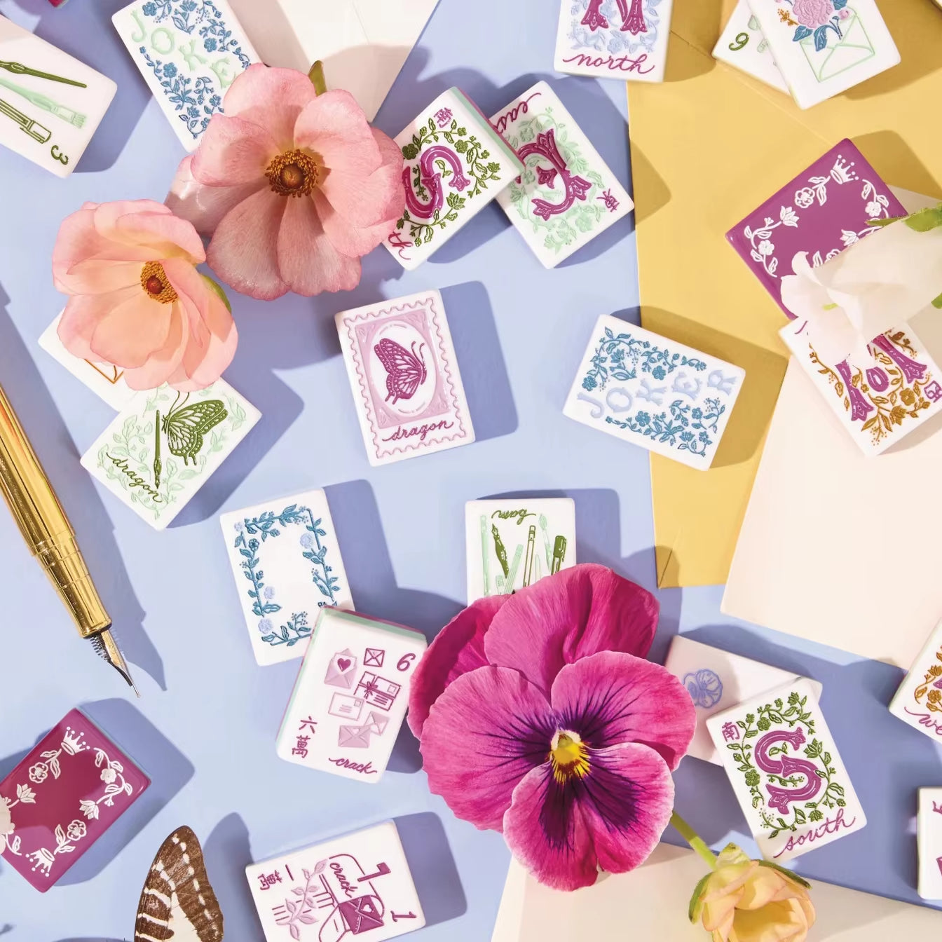 Cottagecore Mahjong Styling Shot - Postscript Florals Acrylic Tiles Paired With Pink Pansy Flowers & Vintage Stationery