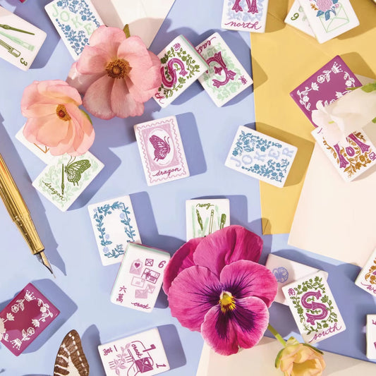 Cottagecore Mahjong Styling Shot - Postscript Florals Acrylic Tiles Paired With Pink Pansy Flowers & Vintage Stationery