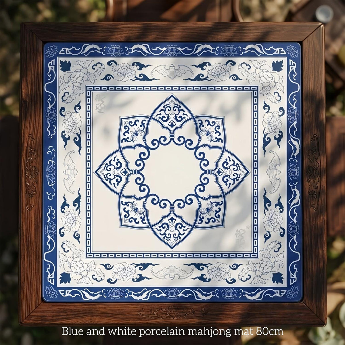 80cm square blue and white porcelain mahjong game mat, traditional chinese floral pattern