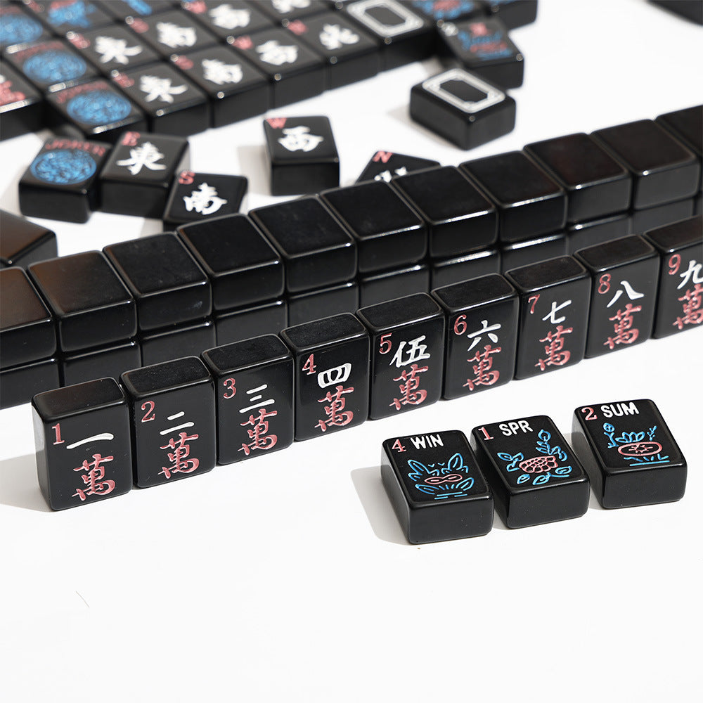 Melamine NMJL Tournament Mahjong - Black Crak Tiles with Neon Numerals and English Letters