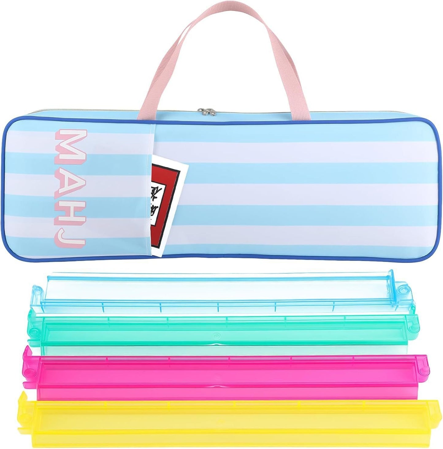 Nautical blue and white striped Mahjong bag with four acrylic racks and luxury carrying case by USA Mahjong Co.
