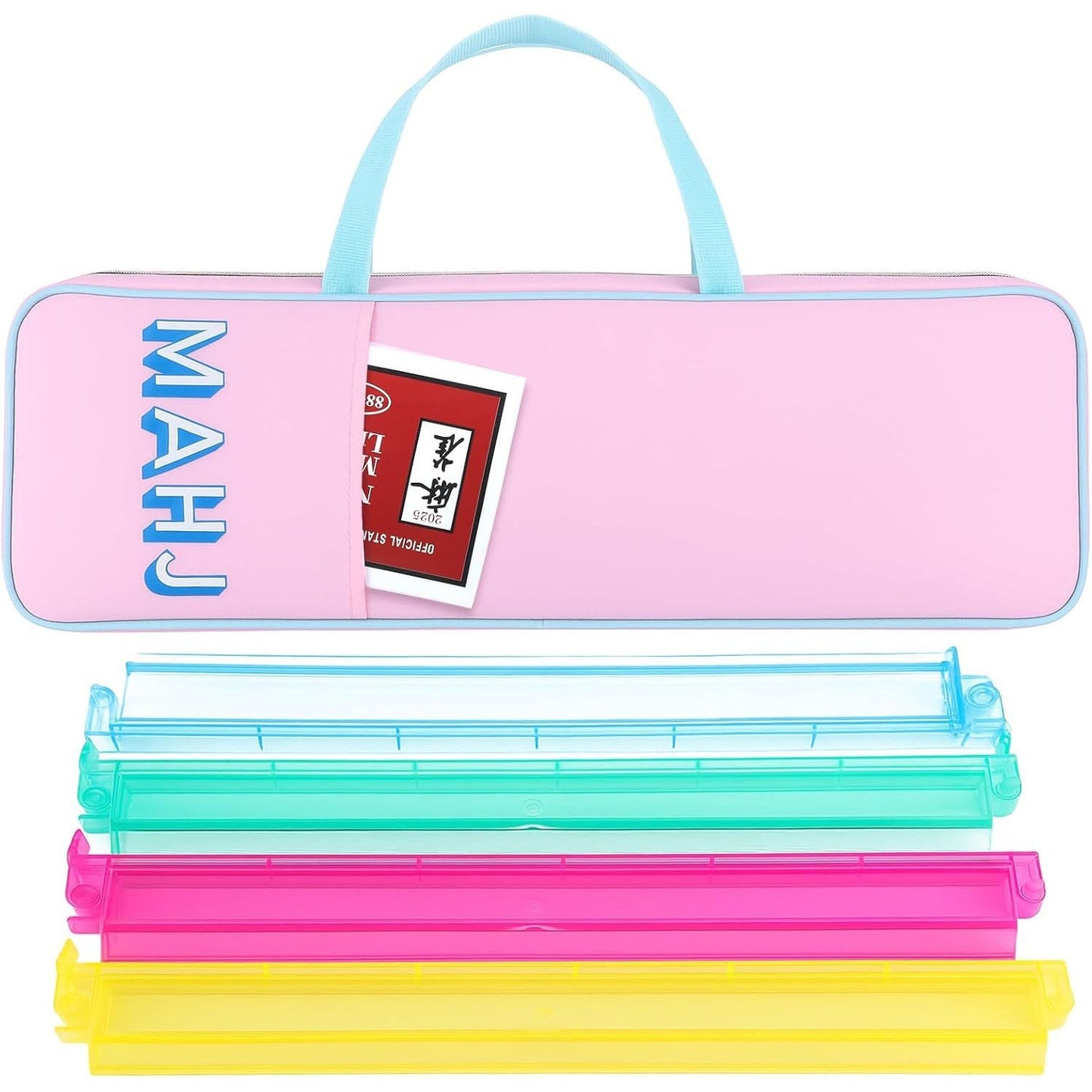 Soft pink Mahjong bag by USA Mahjong Co. with four clear acrylic racks and luxury carry case for The Socialite Travel Kit.