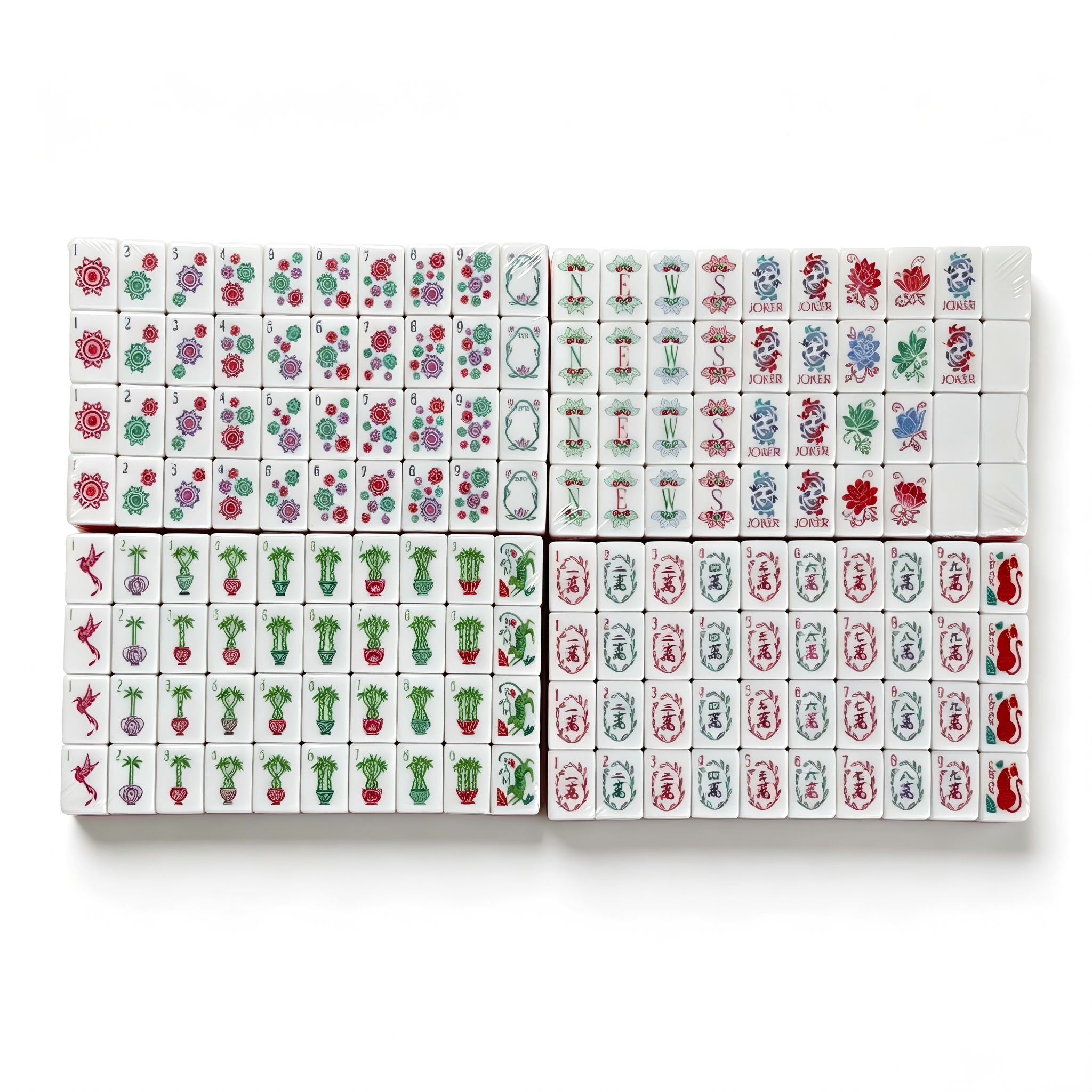 Rose Quartz American Mahjong Set by USA Mahjong Co. with 166 weighted tiles, marbled pink backs, including jokers and spares.