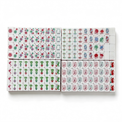 Rose Quartz American Mahjong Set by USA Mahjong Co. with 166 weighted tiles, marbled pink backs, including jokers and spares.