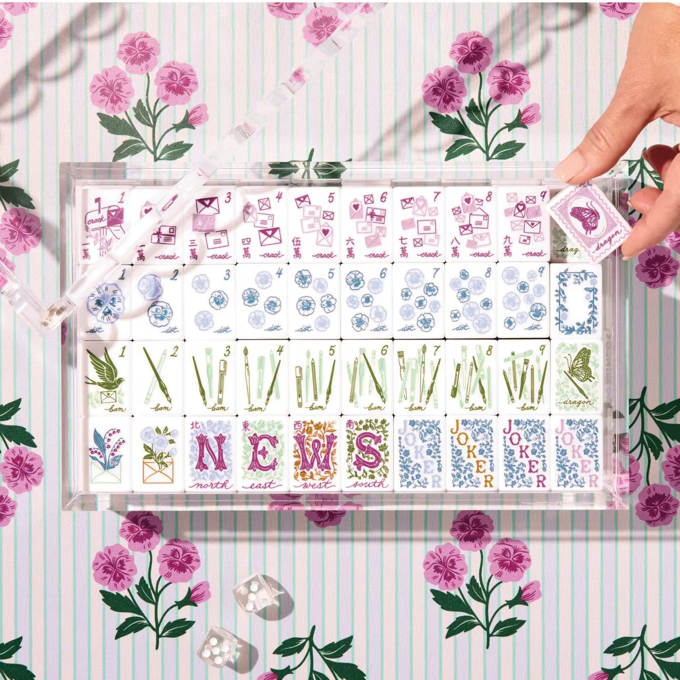 Complete Postscript Florals NMJL Mahjong Bundle In Clear Acrylic Storage Case With Dice, Full 166 Tile Collector Set
