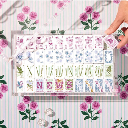 Complete Postscript Florals NMJL Mahjong Bundle In Clear Acrylic Storage Case With Dice, Full 166 Tile Collector Set