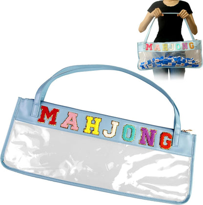 American Mahjong Co. Clear Shore Tote, designer PVC Mahjong bag with chenille lettering, shoulder carry case for American Mahjong accessories.