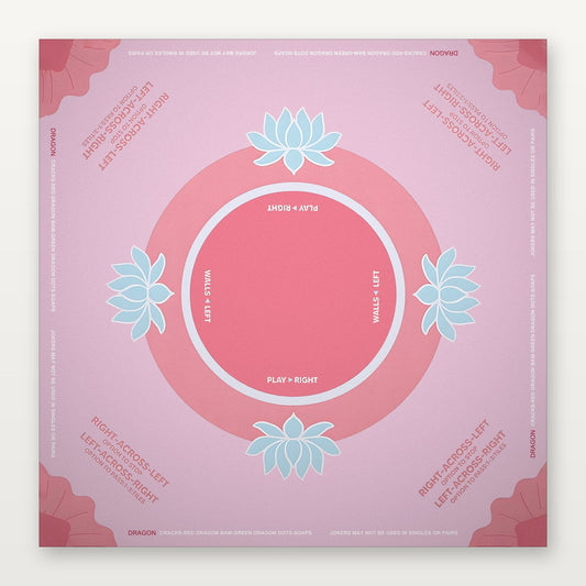 Pink floral American Mahjong mat by USA Mahjong Co., 800mm non-slip rubber with sacred lotus design, 3mm thick for stable play.
