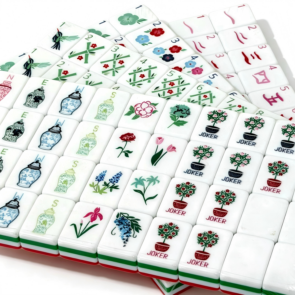 Scarlet Empress American Mahjong Set by USA Mahjong Co. with 166 weighted acrylic tiles featuring bold ruby red backs and Jokers.