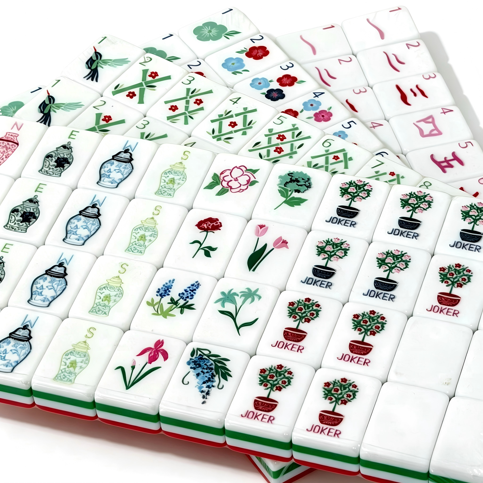 Scarlet Empress American Mahjong Set by USA Mahjong Co. with 166 weighted acrylic tiles featuring bold ruby red backs and Jokers.