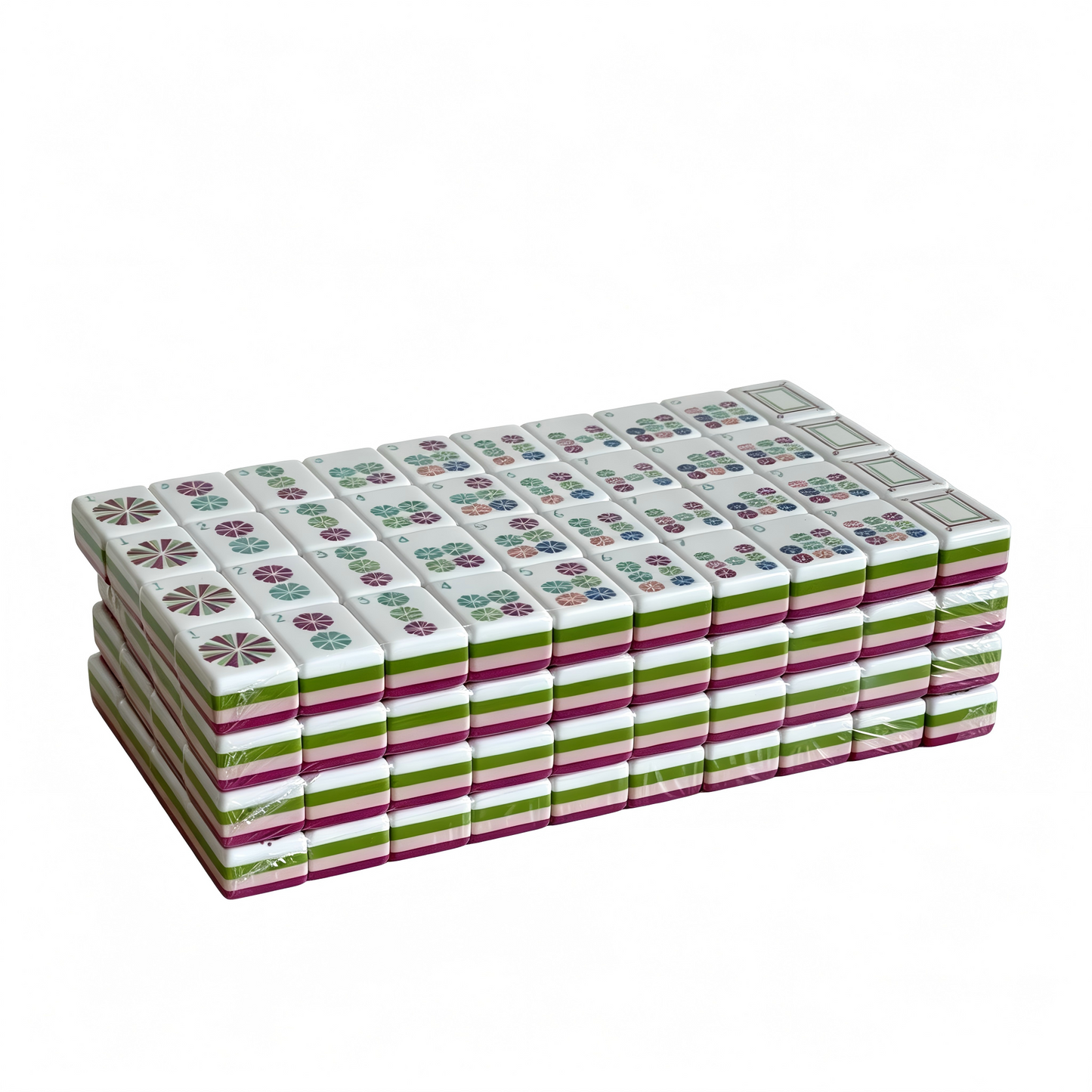 Side profile of 32g Electric Rose American Mahjong set tiles with vibrant fuchsia backs, showcasing modern design and weighted tiles.