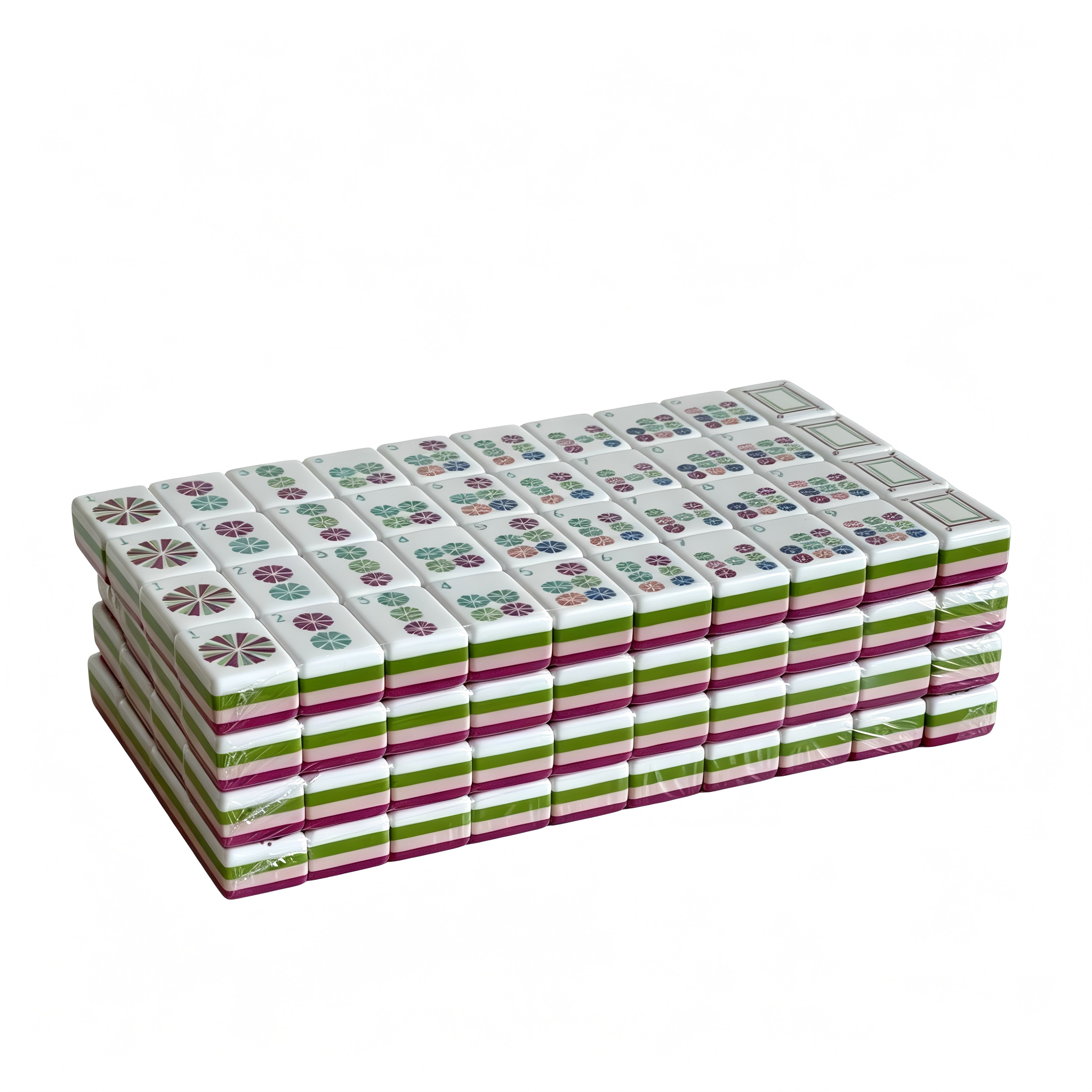Side profile of 32g Electric Rose American Mahjong set tiles with vibrant fuchsia backs, showcasing modern design and weighted tiles.