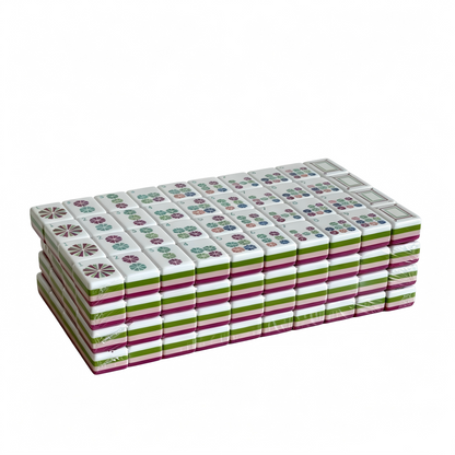 Side profile of 32g Electric Rose American Mahjong set tiles with vibrant fuchsia backs, showcasing modern design and weighted tiles.