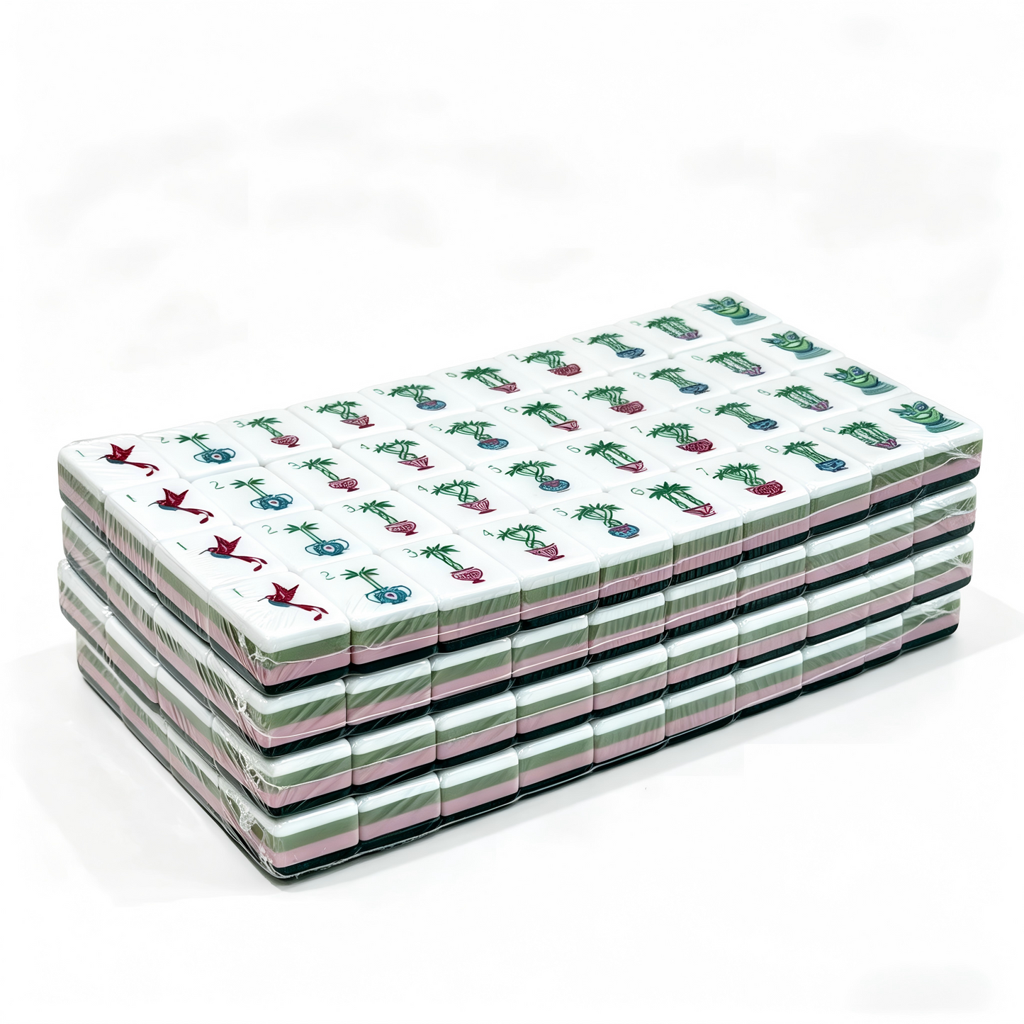 Side profile of 32g weighted Emerald Garden American Mahjong tiles by USA Mahjong Co., with translucent jade-green backs and detailed faces.