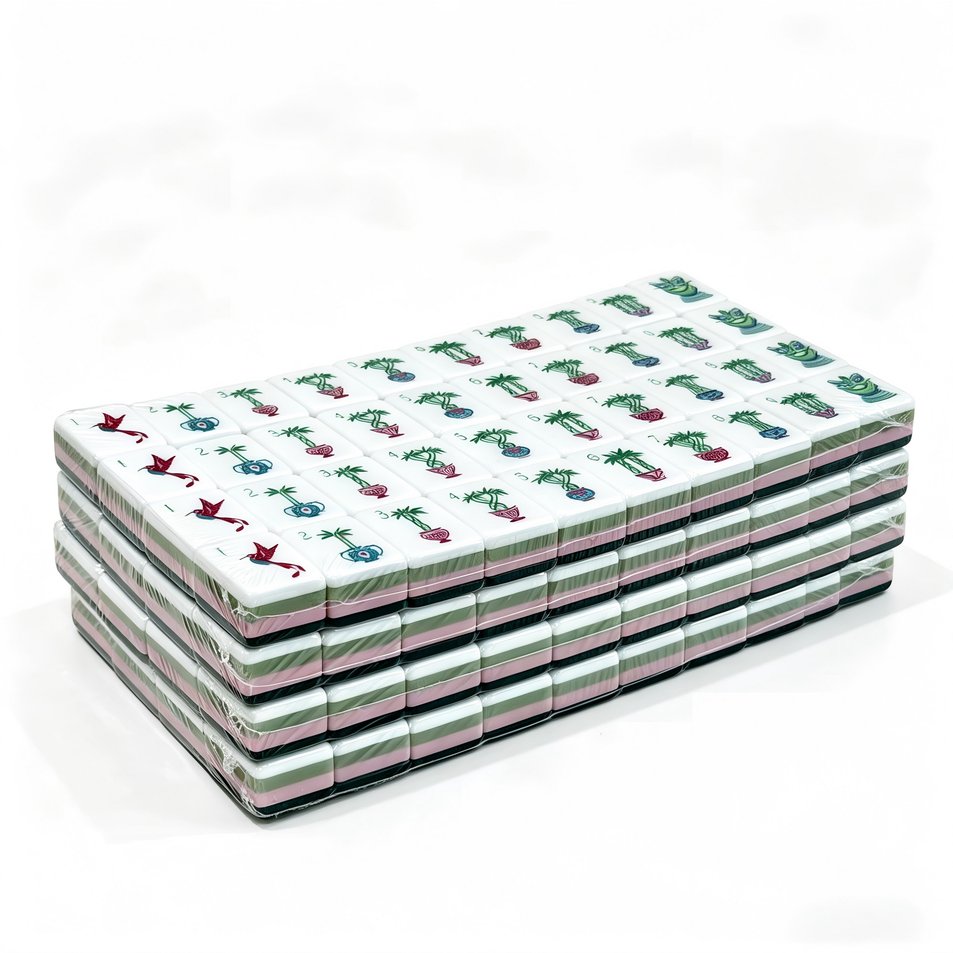 Side profile of 32g weighted Emerald Garden American Mahjong tiles by USA Mahjong Co., with translucent jade-green backs and detailed faces.