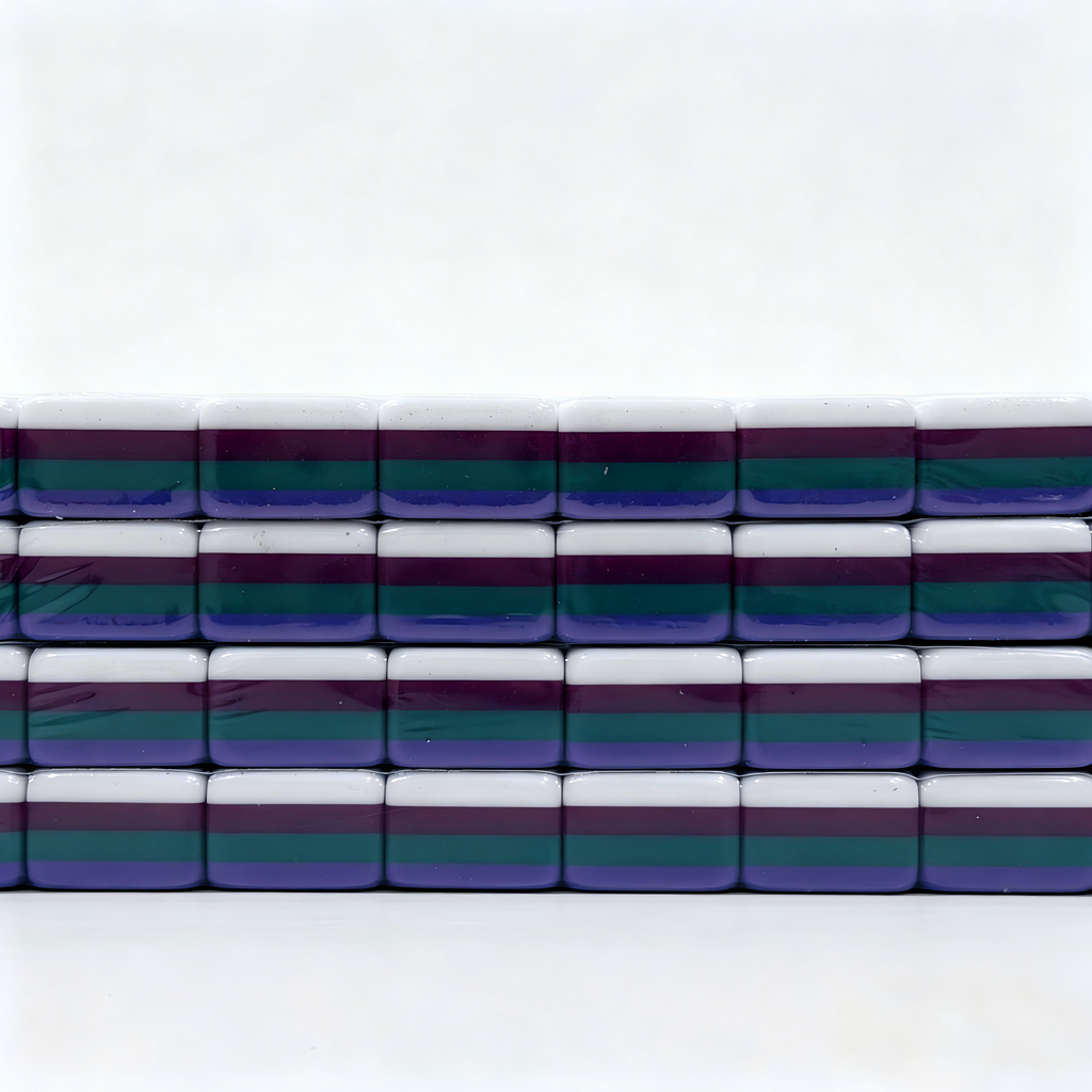 Side profile of 32g Galaxy Sparkle American Mahjong tiles with shimmering purple glitter backs, weighted for professional play.