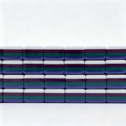 Side profile of 32g Galaxy Sparkle American Mahjong tiles with shimmering purple glitter backs, weighted for professional play.